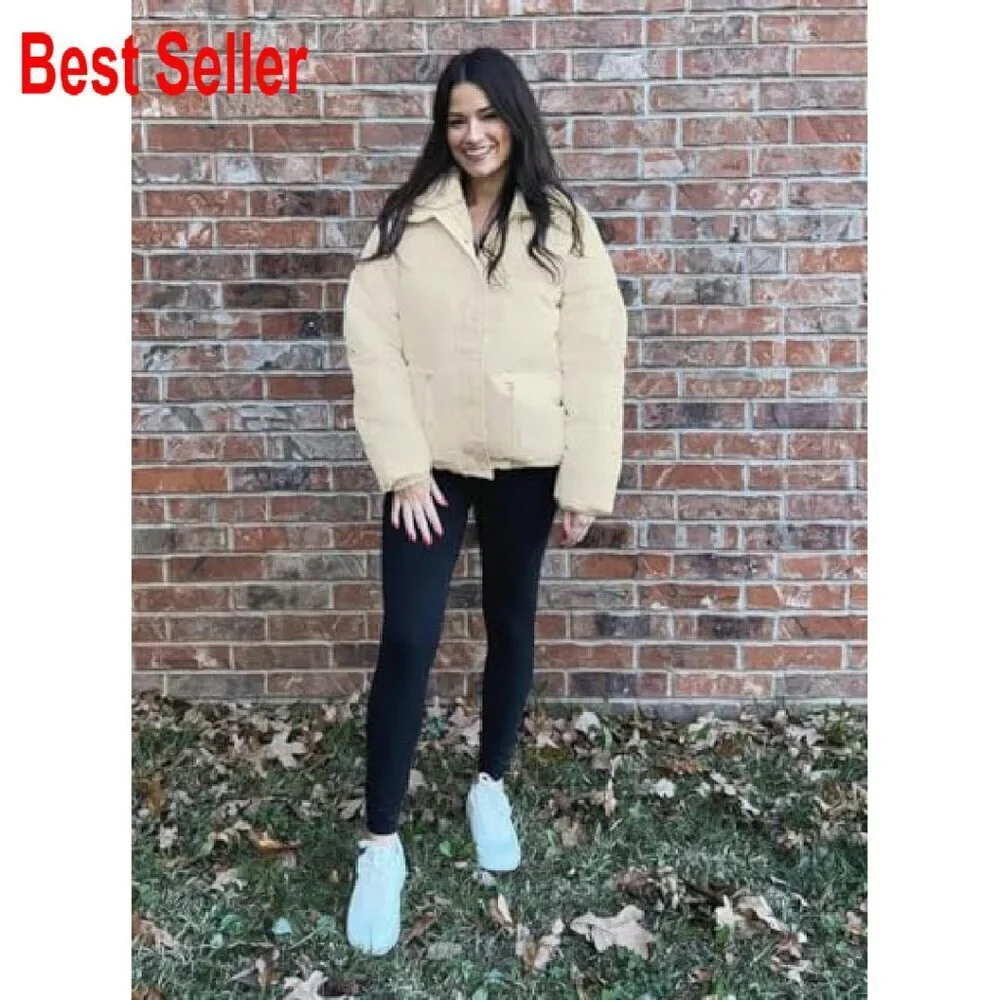Cropped Puffer Jacket Stand Collar Winter Warm Quilted Lightweight Cozy